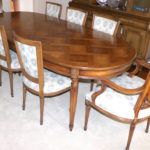 Dining Table With Pretty Parquet Top And 8 Clean Upholstered Chairs