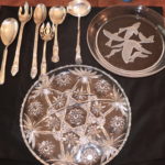 Lot Of 2 Val Saint Lambert Bird Dish, Crystal Serving Pc.bServing Plates And 6 Plated Serving Utensils