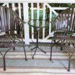 Quality Metal Outdoor Set Includes 2 Chairs With Small Leaf Design Table With Glass
