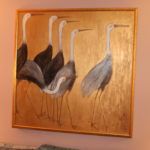 Large Hand Painted Asian Style Art 6 Cranes Signed In Corner In Large Gold Frame