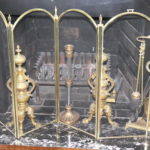 Set Of Brass Andirons With Fireplace Screen And Tools