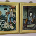 Pair Of Asian Paintings On Reverse Glass In Gold Frame With Brass Hook