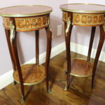 Pair Of Antique Inlaid Side Tables With Drawers, Bottom Shelf And Brass Detail Throughout