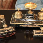 Vintage Brass And Marble Inkwell Set With Glass Inserts Quality Piece With Beautiful Eagle Casting