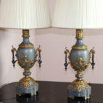 Beautiful Pair Of Marble Stone Lamps With Amazing Bronze Detail