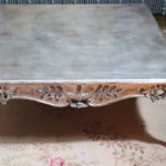 Custom Painted Silver Finished Coffee Table With Red Under Coat Carved Detailed Apron