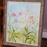 Large Pink Floral Print In Multi Colored Wood Frame