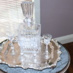 Crystal Decanter With Etched Cordial Glasses And Serving Tray