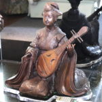 Asian Bronze Statue Lady With Mandolin On Custom Lucite Tray 18" W X 17" Tall