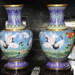 Pair Of Large Cloisonne Blue Enamel Urns With Brass Detail And Wood Pedestals