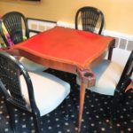 Vintage Leather Top Game Table With 4 Custom Fabric Chairs