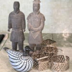 Pair Of AGC Trade 1982 Stone Soldiers With Signed Glass Bird And Little Metal Baskets