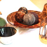 Decorative Lot Includes 16" Glass Bowl With Decorative Balls, Wood Duck, Giraffe And Clay Bowl