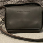 This Stylish Brunello Cucinelli Crossbody Leather Bag With Long Gold Beaded Strap, Pre-owned