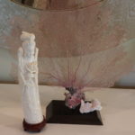 14" Asian Resin Figurine With Pink Coral Fan Piece