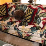 Quality Custom Fabric Sofa With Pillows And Studding Along Bottom Edge