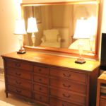Wood Dresser, Set of Table Lamps and Wall Mirror