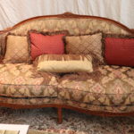 Thomasville French Style Carved Settee Sofa With Floral Design And Decorative Pillows