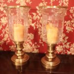 Pair Of Ralph Lauren Large Brass And Glass Hurricane Style Candle Lamps