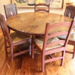 Large 66" Round Wood Table With Finished Edge And 6 Country Style Chairs With Rush Seats