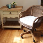 Country Style Painted Wood & Pine End Table With Wicker Desk Chair & Accessories