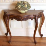 Demilune Walnut Console Table With Carved Shell & Legs