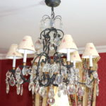 Black Wrought Iron & Crystal 6 Arm Chandelier With Floral Shades