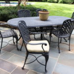 Black Lattice Design Cast Aluminum Oblong Dining Table Set With 6 Arm Chairs, Like New Smith & Hawken Muted Yellow cushions