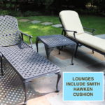 Pair Of Black Lattice Design Cast Aluminum Lounge Chaise, Side Table & Like New Smith & Hawken Cushions