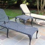 Pair Of Black Lattice Design Cast Aluminum Lounge Chaise, Side Table & Like New Smith & Hawken Cushions