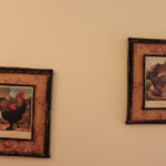 Set Of 4 Twig Toile Framed Toile Rooster/Hen Art With Vintage Wood Coat Tree