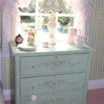 Painted Green Shabby Chic Wooden 3 Drawer Dresser With Clear Lucite Pulls & Decorative Accessories