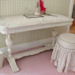 Shabby Chic Writing Desk With Oval Mirror, Upholstered Chair & Accessories