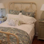 Shabby Chic Cream Painted Metal Full Size Bedframe With End Tables, Crystal Lamps & Decorative Accessories