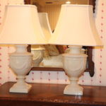 Pair Of Crackle Cream Finished Urn Pedestal Lamps