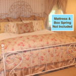 King Shabby Chic Metal Bed Frame W/ Leaf & Bird Design, Includes Custom King Bedding, Mattress & Box Spring Lot #: 113 BID FOLLOW SMS