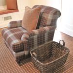 Brown & Country Blue Plaid English Arm Chair With Paisley Pillow & Basket