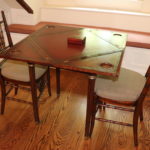 Theodore Alexander Game Table With 2 Wood & Cane Chairs With Plaid Cushions