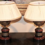 Pair Of Small Marble Lamps With Embossed Cherub And Leaf Detail And Custom Shallow Tapered Shade