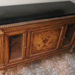 Large Carved Wood Server With Marble Veneer Top, Stenciled Front And Wire Faced Cabinets