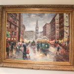 Large Signed Trolley Painting By Johnson In Ornate Wood Frame