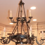 Large Ornate Heavy 9 Arm Chandelier With Wreath Design, Etched Glass & Bronze Colored Finish