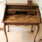 Small Oak Wood Desk With Parquet Top Includes Vintage Peugeot Freres Coffee Grinder