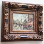 Small Signed Painting Victorian City Center With Horse And Carriages In Ornate Floral Frame