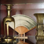 Vintage Brass Accessories And Asian Folding Hand Fan & Stand
