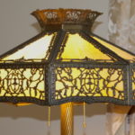 Fine Vintage Brass Slag Glass Floor Lamp With Filigree Metal Overlay On Shade
