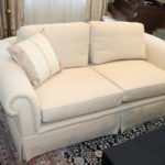 Custom Roll Arm Two Cushion Sofa In Cream Brocade Fabric
