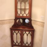 Antique English Style Inlay & Banded Wood Corner Cupboard With Glass Doors