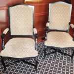 Pair Of Black Lacquered Carved Arm Chairs Upholstered In Plush Woven Chenille