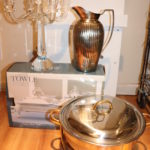 Towle Silversmiths Serving Dish With Crystal Candelabra By Shannon And Metal Pitcher